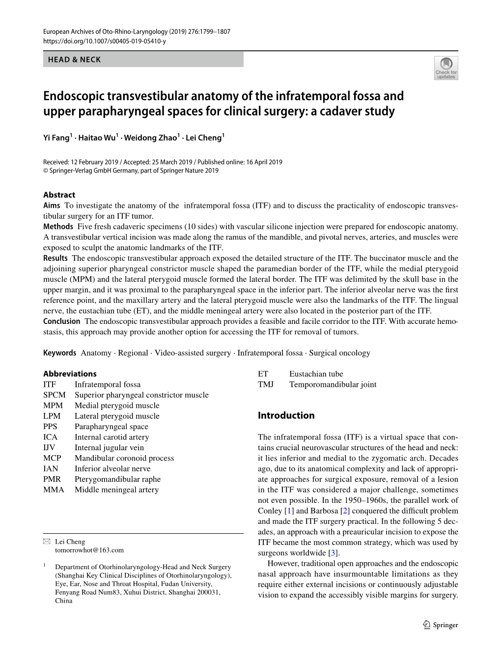 Endoscopic Transvestibular Anatomy of the Infratemporal Fossa and Upper Parapharyngeal Spaces for Clinical Surgery: a Cadaver Study