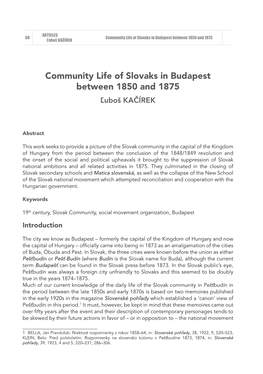Community Life of Slovaks in Budapest Between 1850 and 1875 Ľuboš KAČÍREK