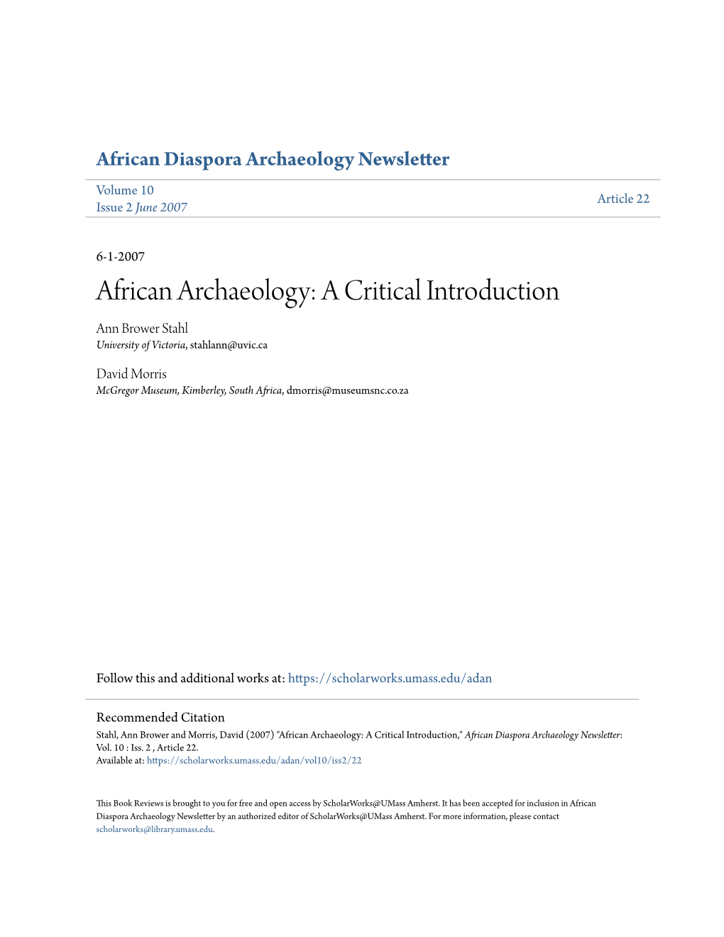 African Archaeology: a Critical Introduction Ann Brower Stahl University of Victoria, Stahlann@Uvic.Ca