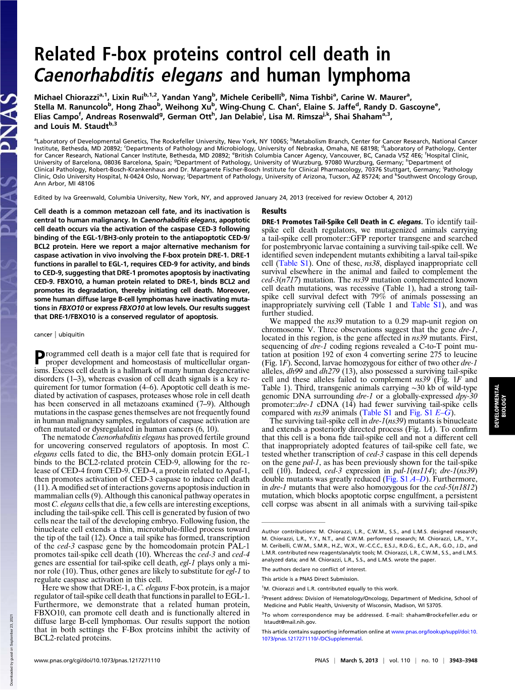 Related F-Box Proteins Control Cell Death in Caenorhabditis Elegans and Human Lymphoma