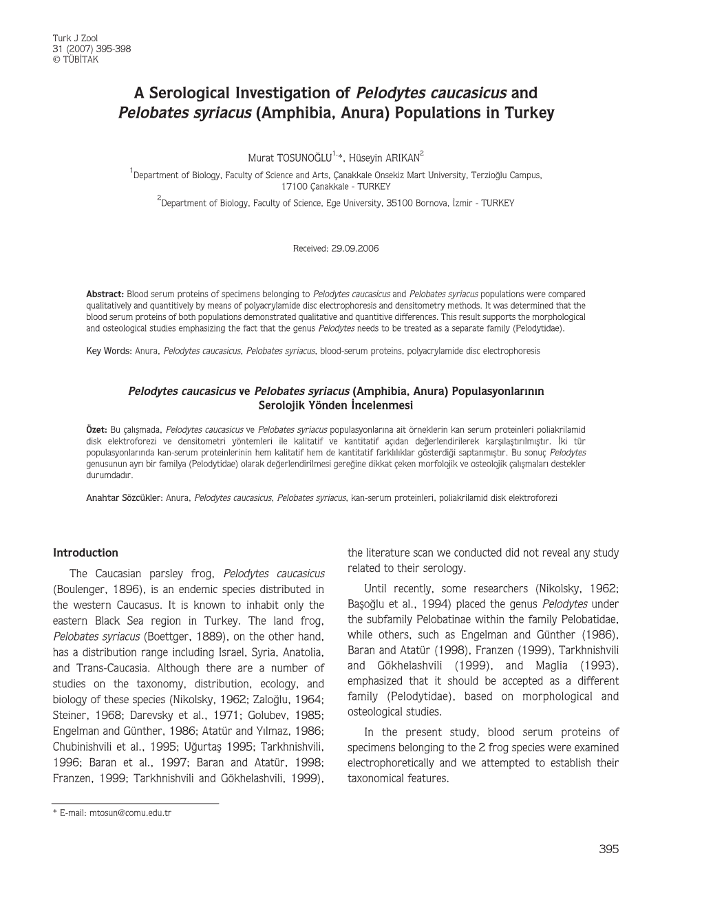 A Serological Investigation of Pelodytes Caucasicus and Pelobates Syriacus (Amphibia, Anura) Populations in Turkey