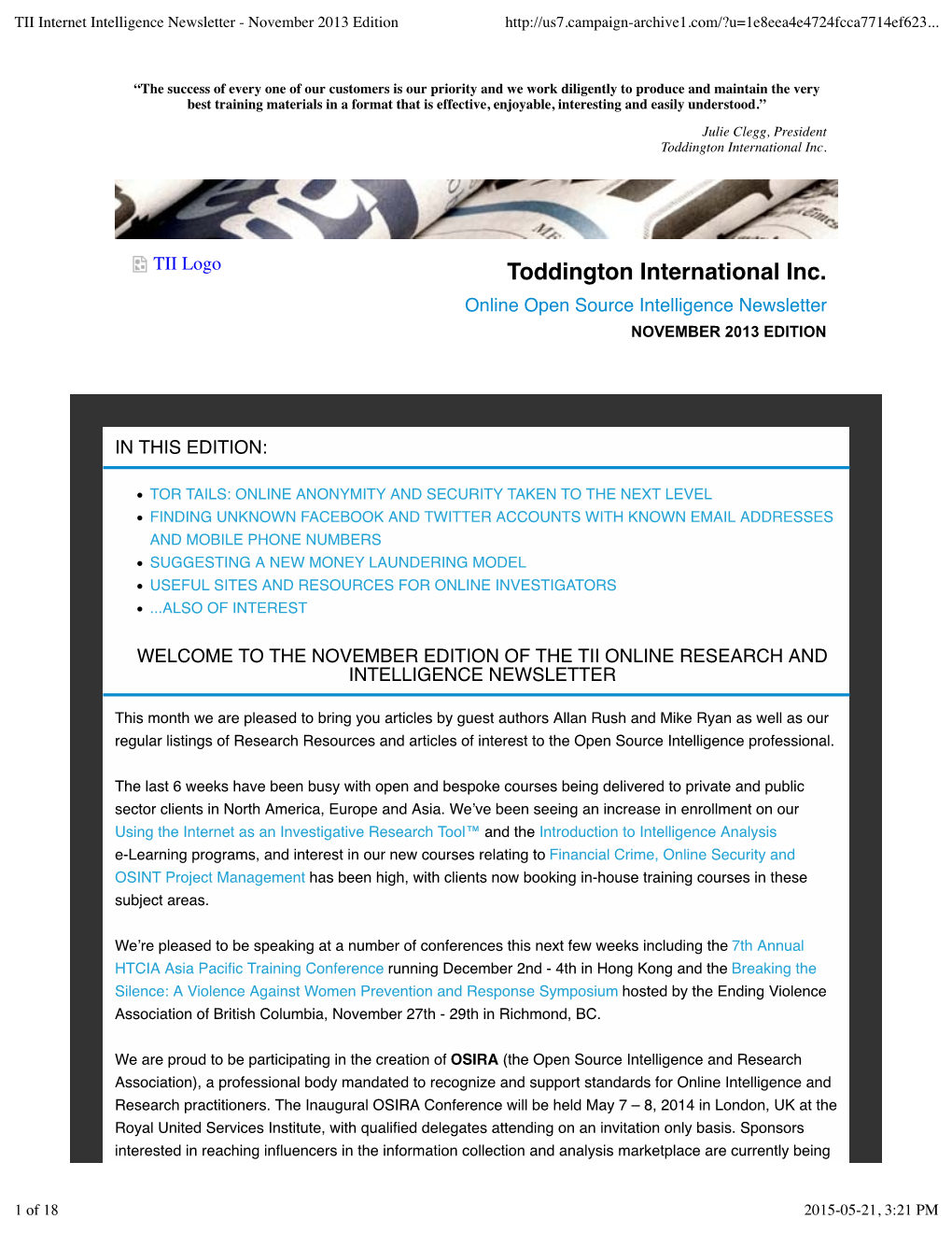 TII Internet Intelligence Newsletter - November 2013 Edition