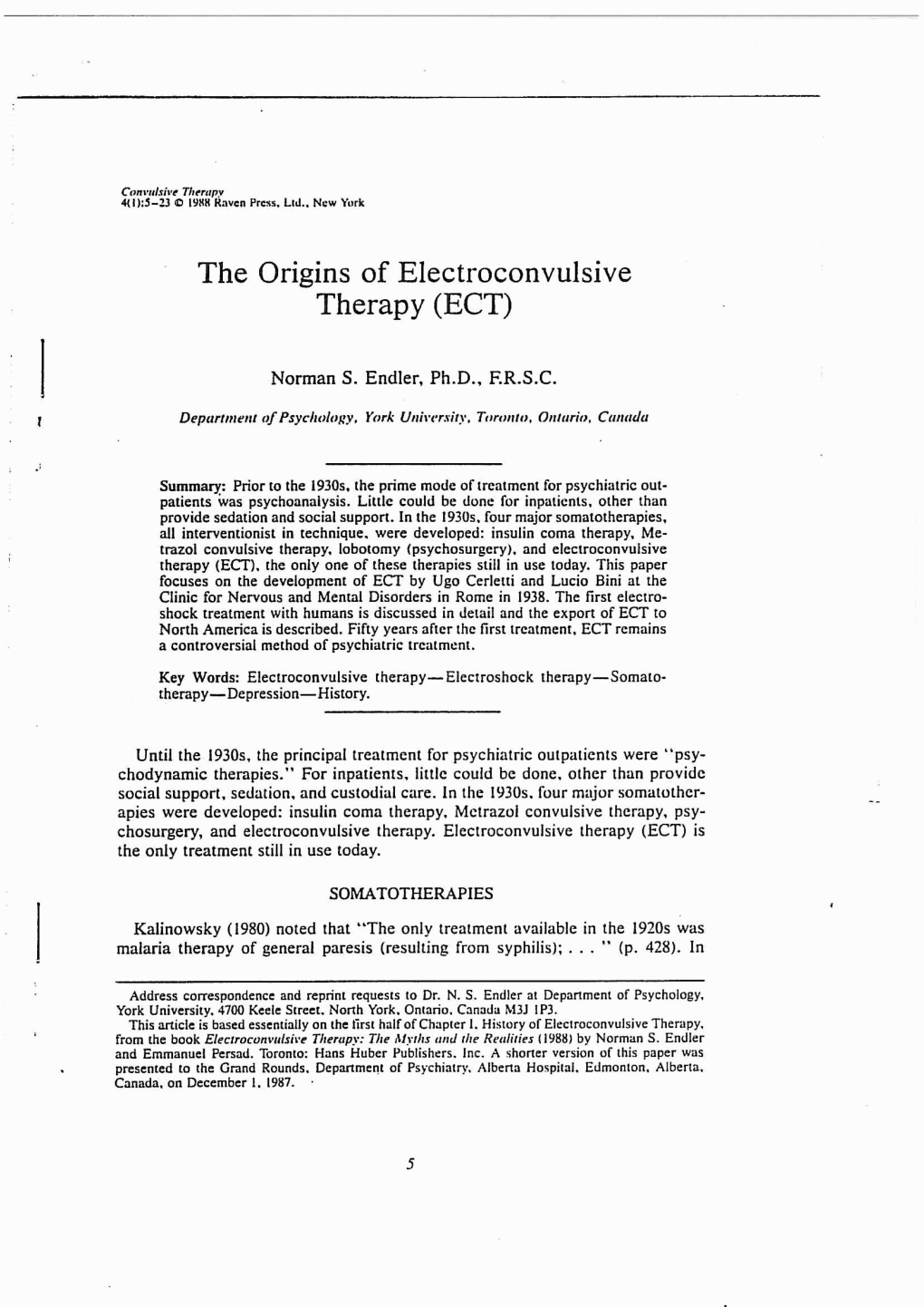 The Origins of Electroconvulsive Therapy ECT