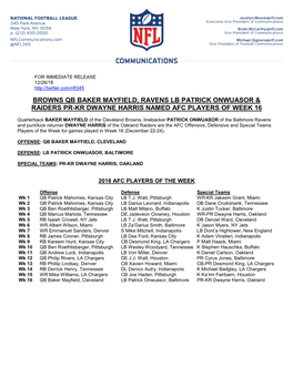 Browns Qb Baker Mayfield, Ravens Lb Patrick Onwuasor & Raiders Pr-Kr Dwayne Harris Named Afc Players of Week 16