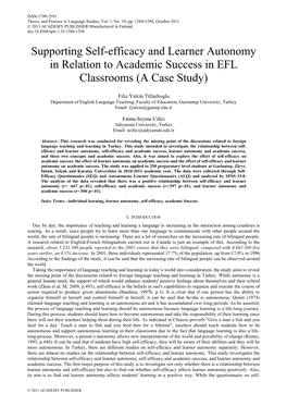 Supporting Self-Efficacy and Learner Autonomy in Relation to Academic Success in EFL Classrooms (A Case Study)