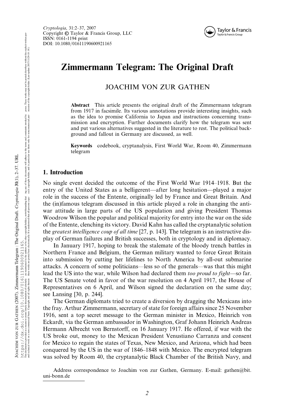 Zimmermann Telegram: the Original Draft