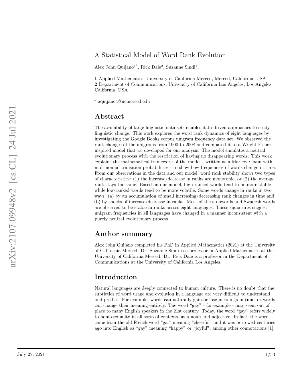 A Statistical Model of Word Rank Evolution