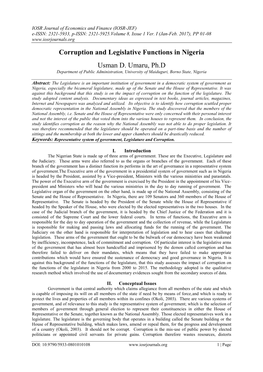 Corruption and Legislative Functions in Nigeria Usman D. Umaru, Ph.D