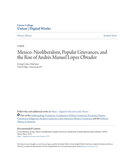 Mexico: Neoliberalism, Popular Grievances, and the Rise of Andrés Manuel López Obrador Irving Cortes-Martinez Union College - Schenectady, NY