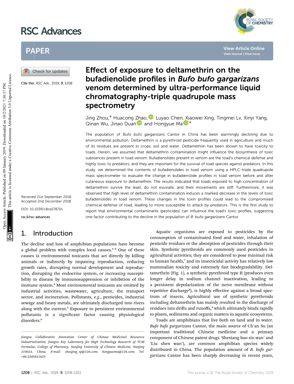 Effect of Exposure to Deltamethrin on the Bufadienolide Profiles in Bufo