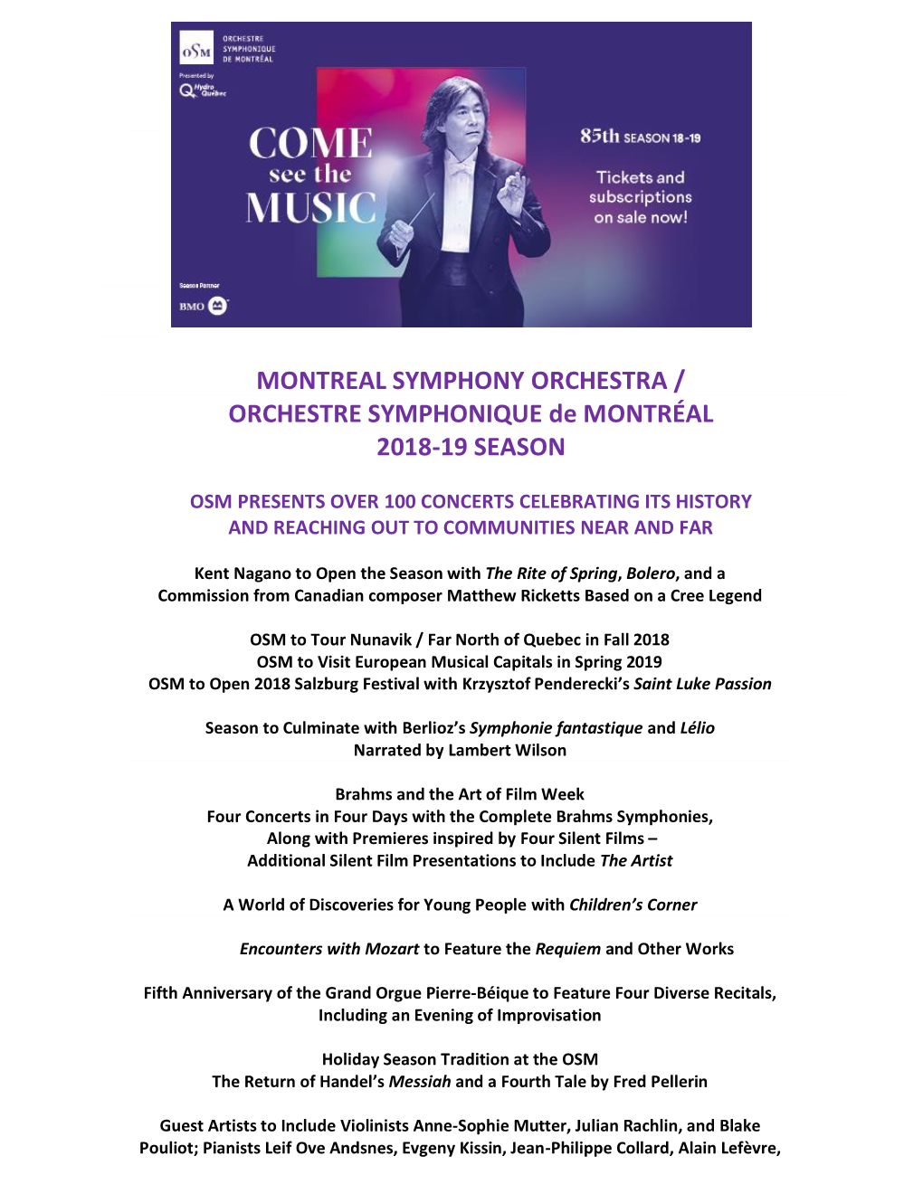 MONTREAL SYMPHONY ORCHESTRA / ORCHESTRE SYMPHONIQUE De MONTRÉAL 2018-19 SEASON