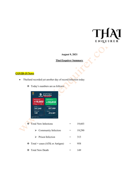 August 9, 2021 Thai Enquirer Summary COVID-19 News