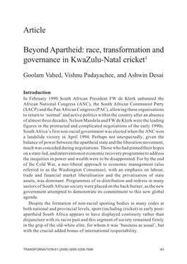 Article Beyond Apartheid: Race, Transformation and Governance In