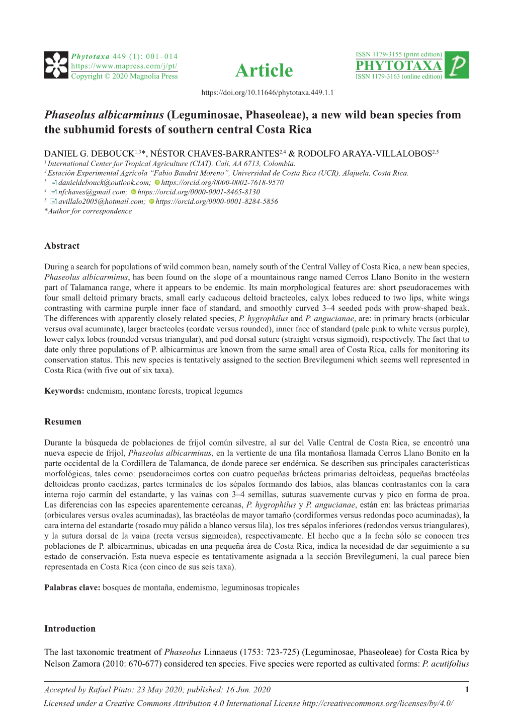 Phaseolus Albicarminus (Leguminosae, Phaseoleae), a New Wild Bean Species from the Subhumid Forests of Southern Central Costa Rica