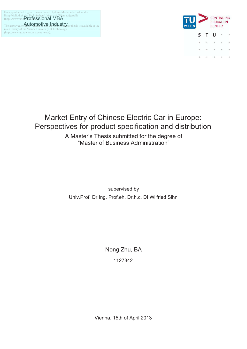 Market Entry of Chinese Electric Car in Europe