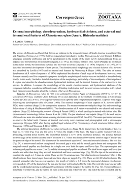 External Morphology, Chondrocranium, Hyobranchial Skeleton, and External and Internal Oral Features of Rhinoderma Rufum (Anura, Rhinodermatidae)