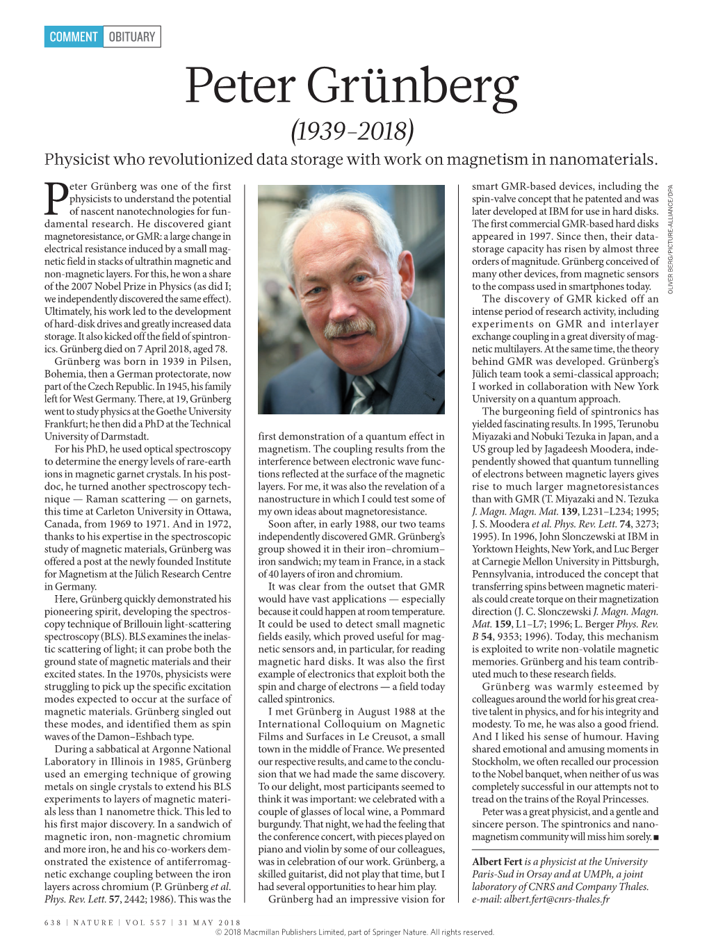 Peter Grünberg (1939-2018) Physicist Who Revolutionized Data Storage with Work on Magnetism in Nanomaterials