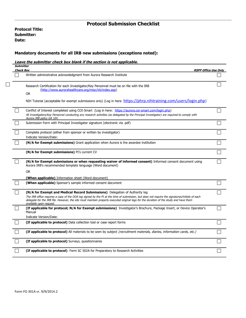 Protocol Submission Checklist