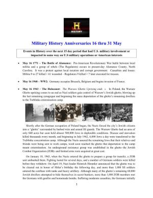 Military History Anniversaries 16 Thru 31 May