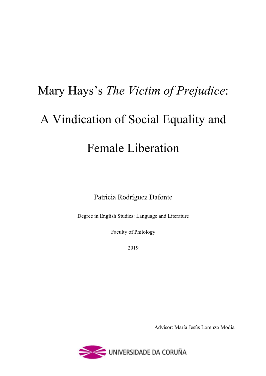 Mary Hays's the Victim of Prejudice