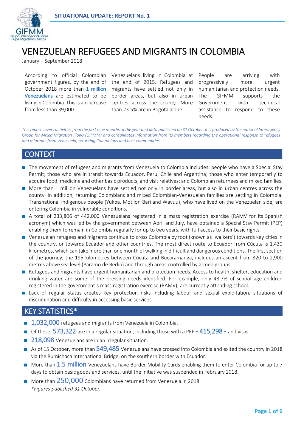 VENEZUELAN REFUGEES and MIGRANTS in COLOMBIA January – September 2018