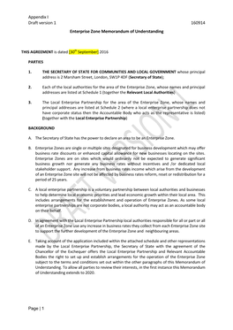 Appendix I Draft Version 1 160914 Enterprise Zone Memorandum of Understanding