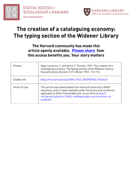 The Creation of a Cataloguing Economy: the Typing Section of the Widener Library