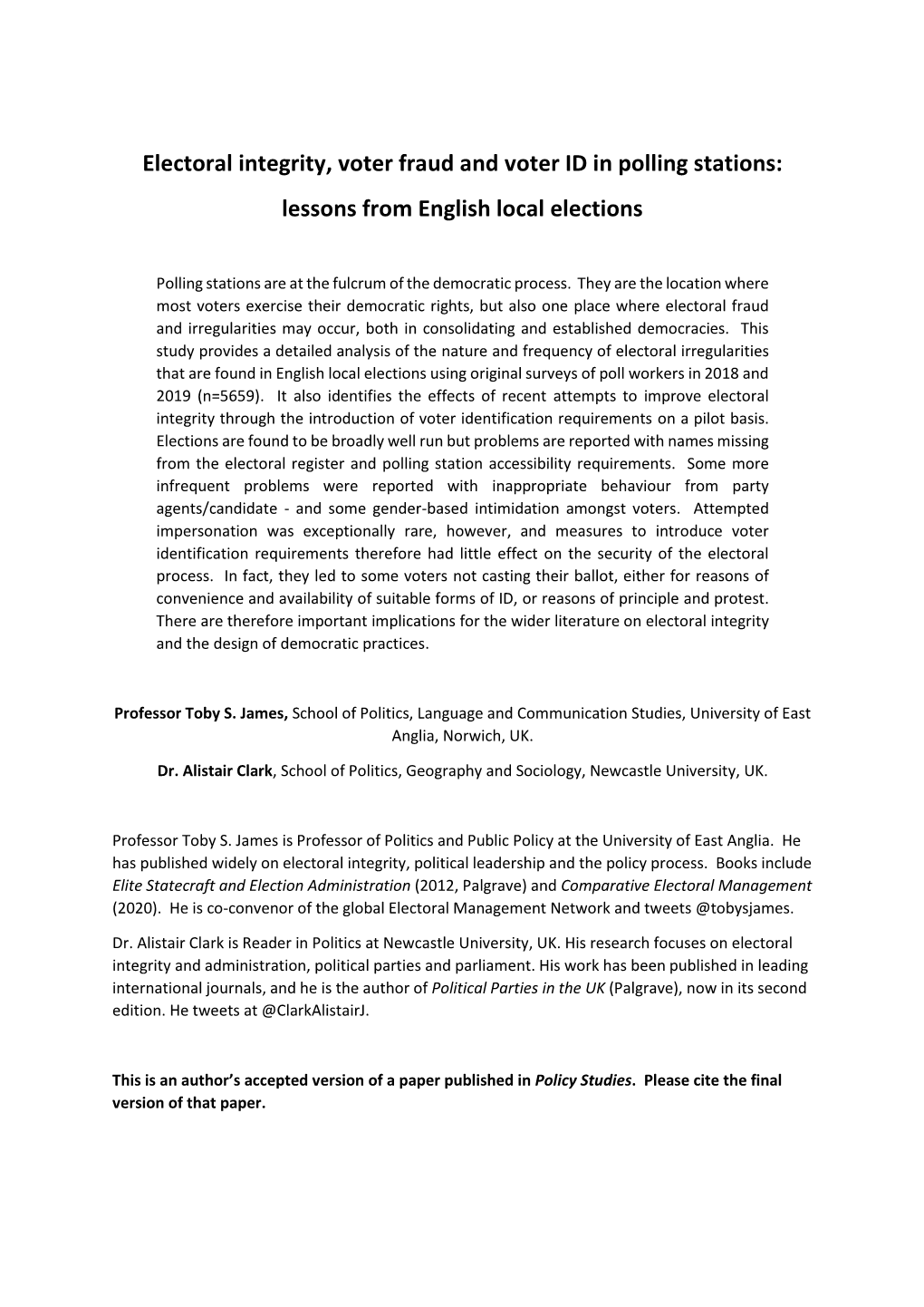 Electoral Integrity, Voter Fraud and Voter ID in Polling Stations: Lessons from English Local Elections