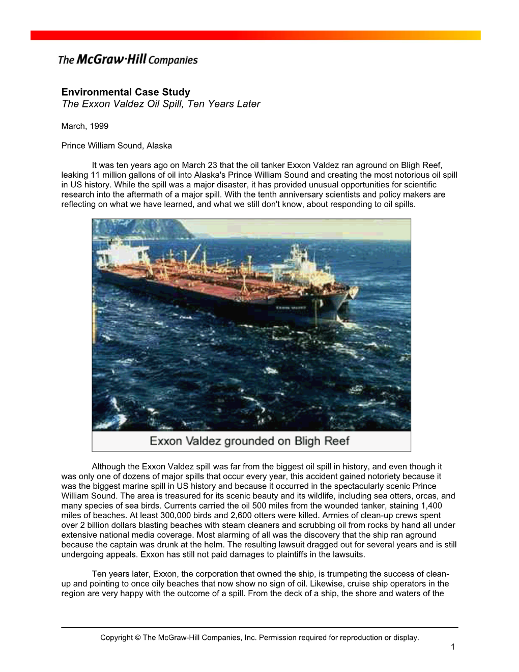 Environmental Case Study the Exxon Valdez Oil Spill, Ten Years Later