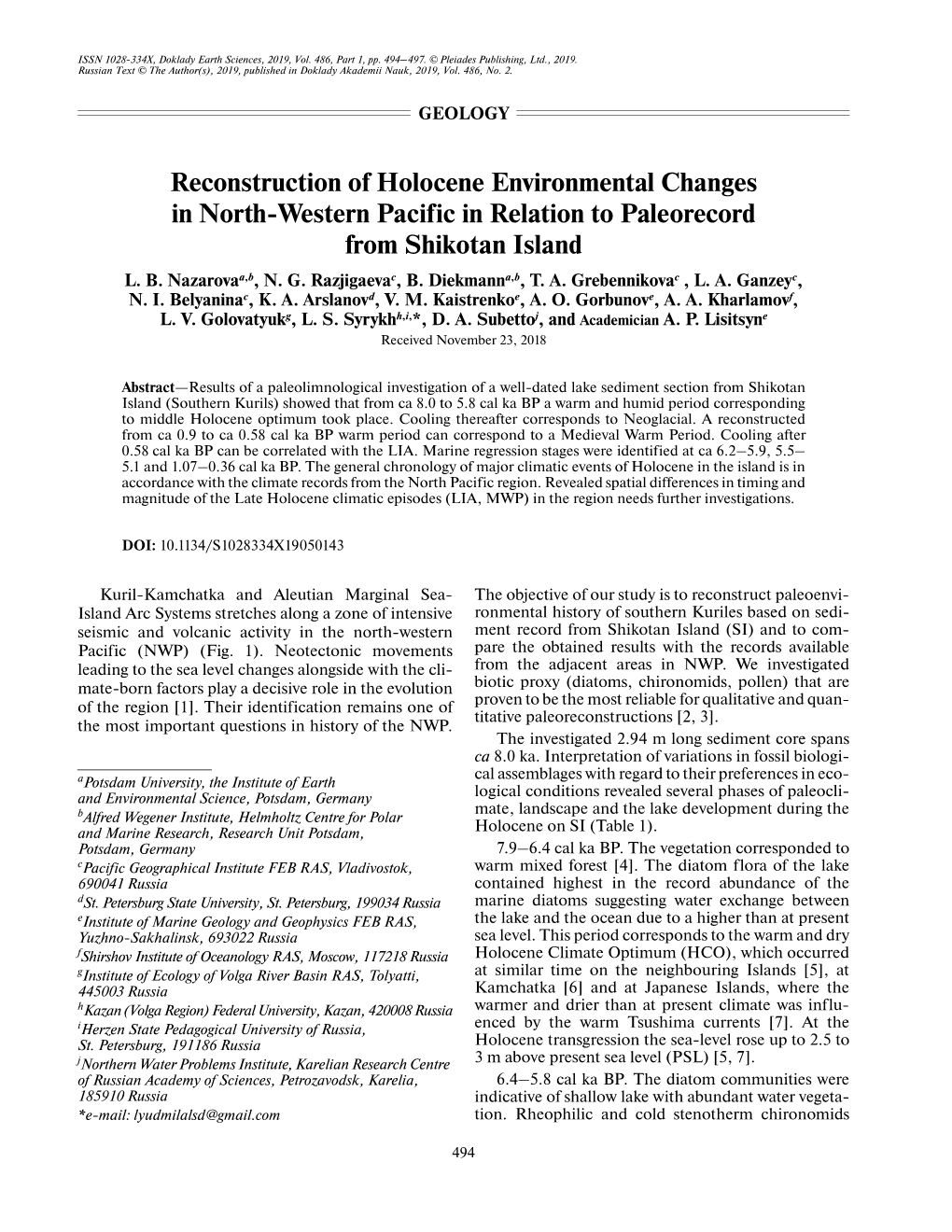 Reconstruction of Holocene Environmental Changes in North-Western Pacific in Relation to Paleorecord from Shikotan Island L