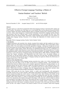 Effective Foreign Language Teaching: a Matter of Iranian Students’ and Teachers’ Beliefs