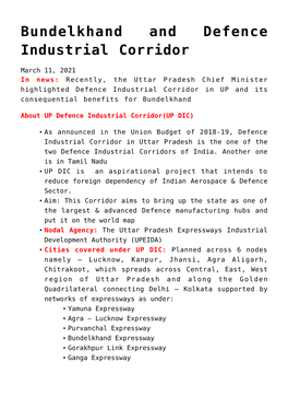 Bundelkhand and Defence Industrial Corridor