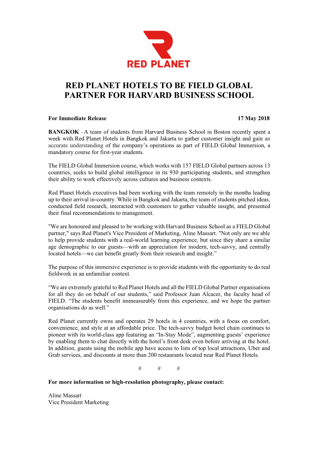 Red Planet Hotels to Be Field Global Partner for Harvard Business School