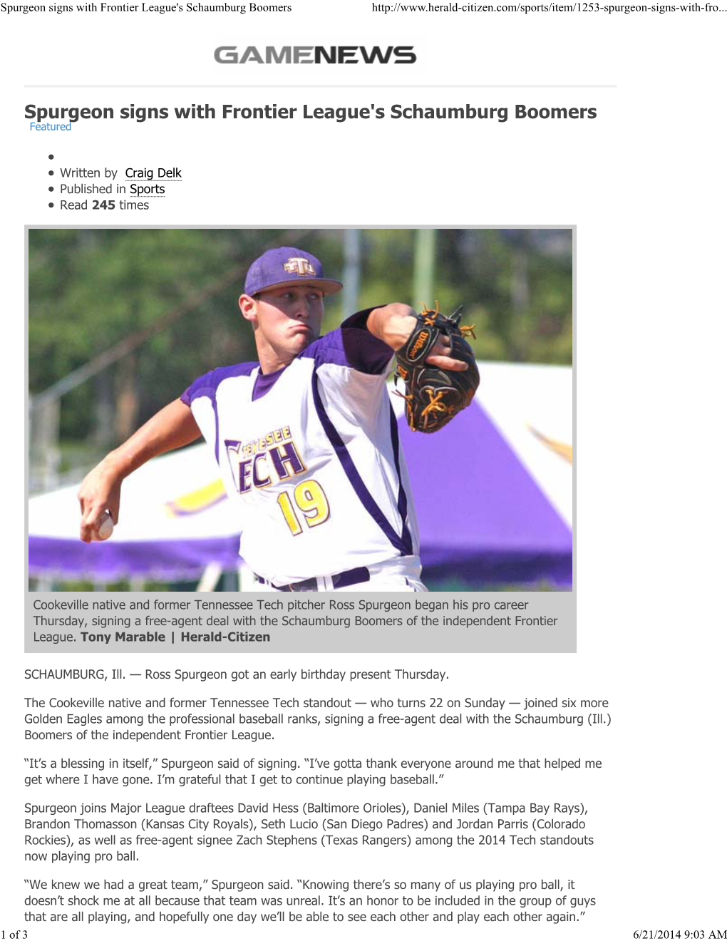 Spurgeon Signs with Frontier League's Schaumburg Boomers