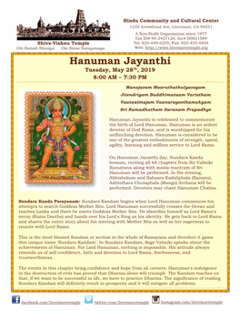 Hanuman Jayanthi Tuesday, May 28Th, 2019