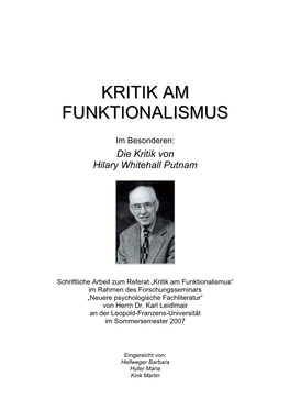 Kritik Am Funktionalismus“ Im Rahmen Des Forschungsseminars „Neuere Psychologische Fachliteratur“ Von Herrn Dr