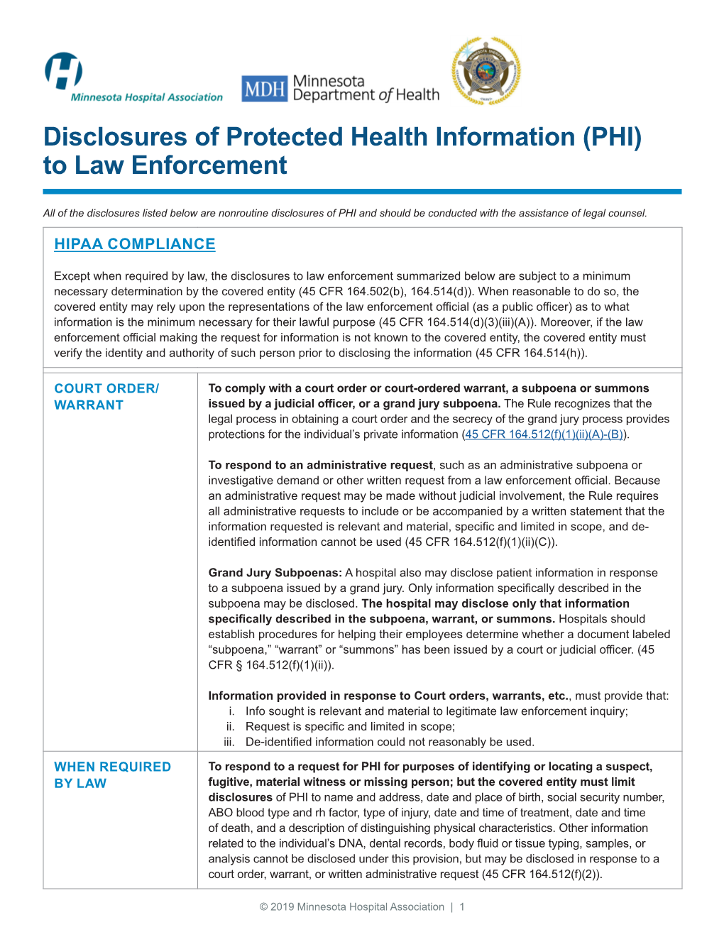 Disclosures of Protected Health Information (PHI) to Law Enforcement