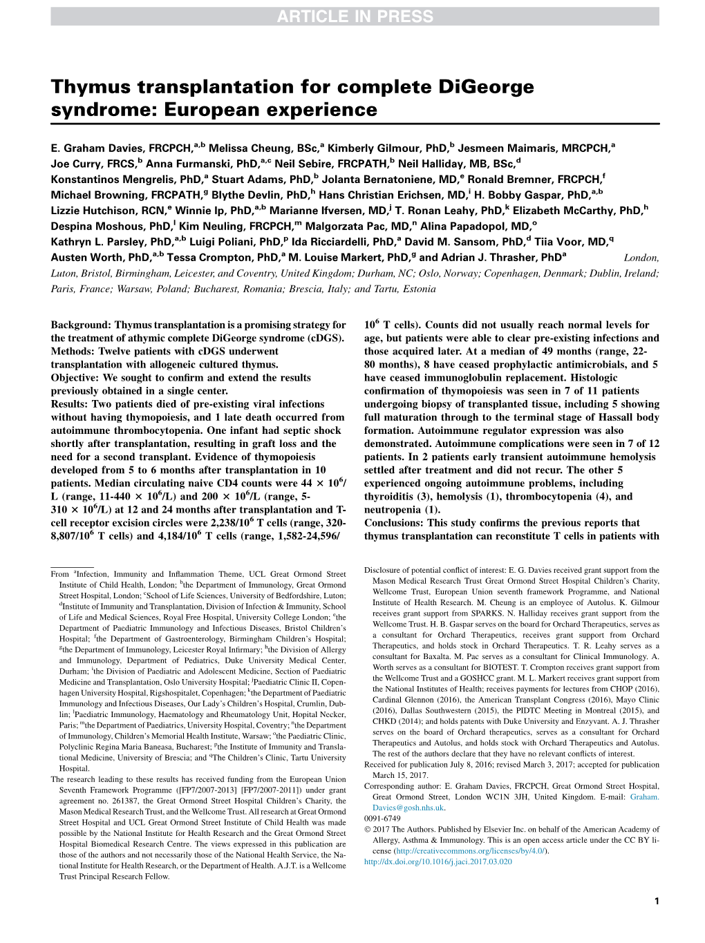 Thymus Transplantation for Complete Digeorge Syndrome: European Experience