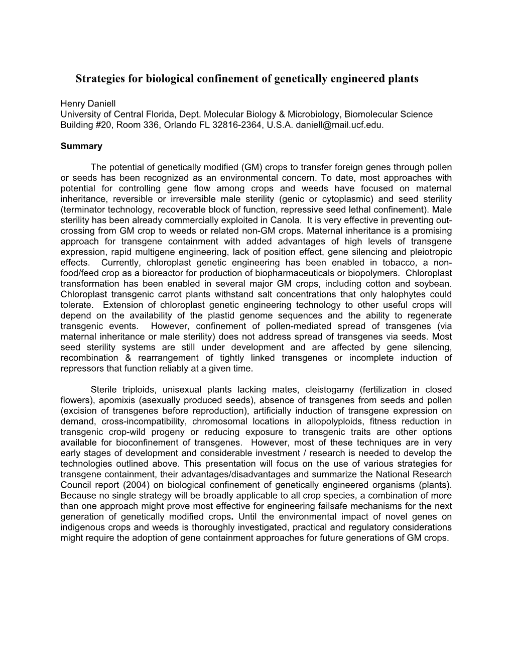 Strategies for Biological Confinement of Genetically Engineered Plants