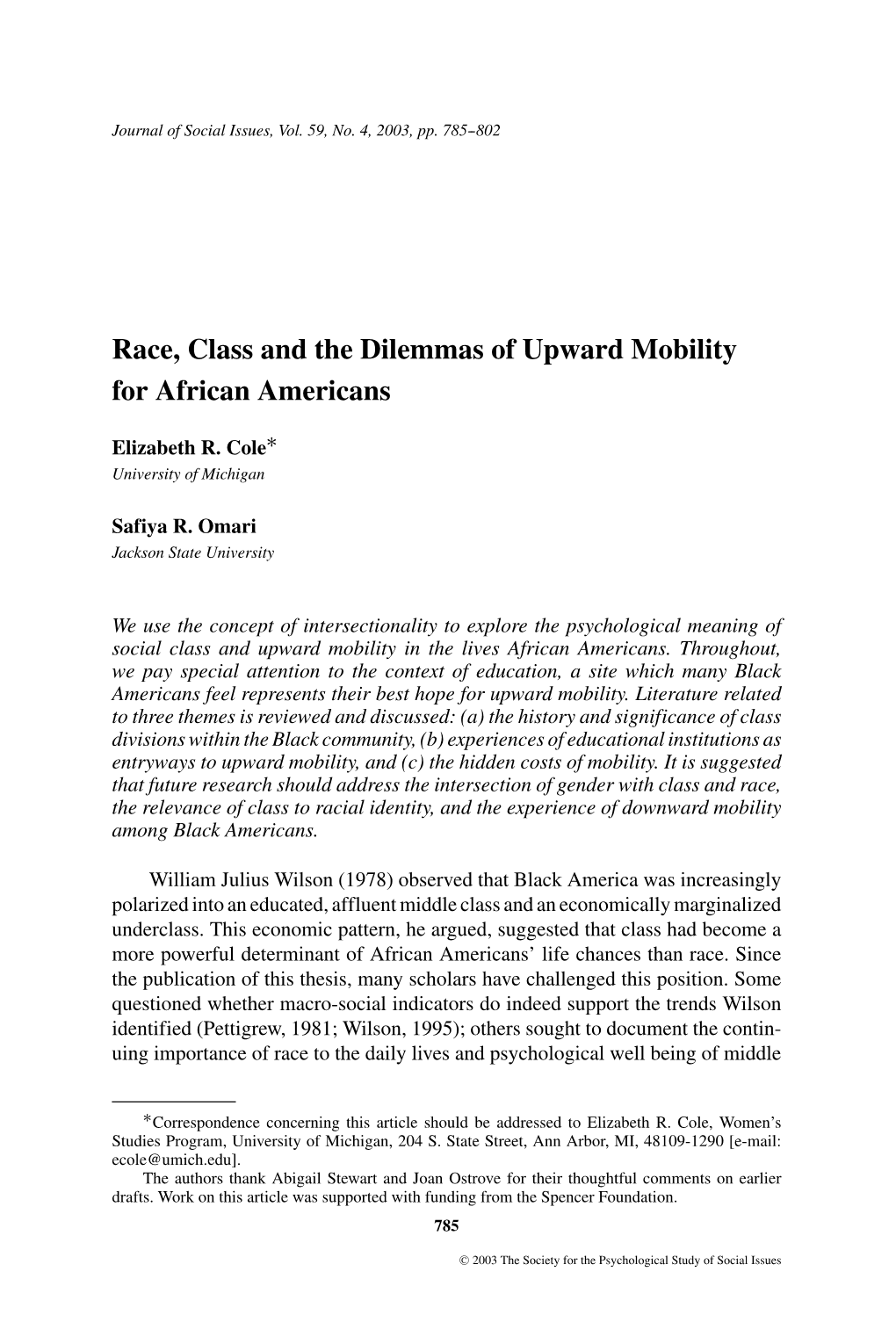 Race, Class and the Dilemmas of Upward Mobility for African Americans ∗ Elizabeth R