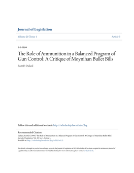 The Role of Ammunition in a Balanced Program of Gun Control: a Critique of Moynihan Bullet Bills Scott .D Dailard