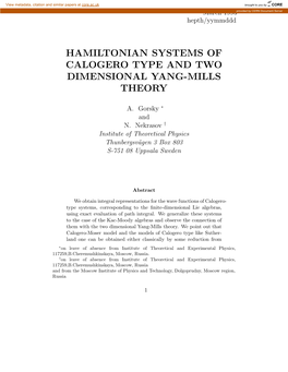 Hamiltonian Systems of Calogero Type and Two Dimensional Yang-Mills Theory