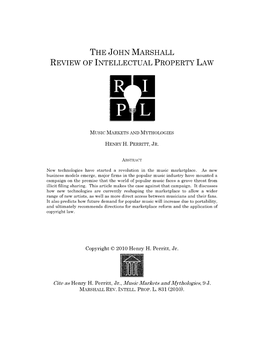 Music Markets and Mythologies, 9 J. MARSHALL REV. INTELL. PROP. L. 831 (2010)