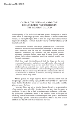 Caesar, the Germani, and Rome: Ethnography and Politics in the De Bello Gallico