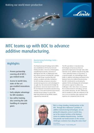 MTC Teams up with BOC to Advance Additive Manufacturing