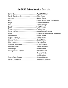 GREASE​, School Version Cast List