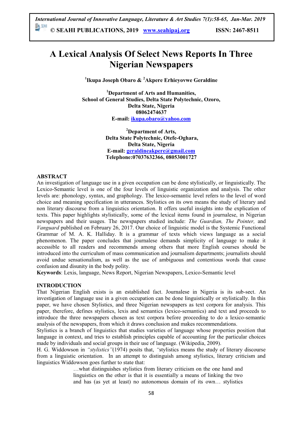 A Lexical Analysis of Select News Reports in Three Nigerian Newspapers