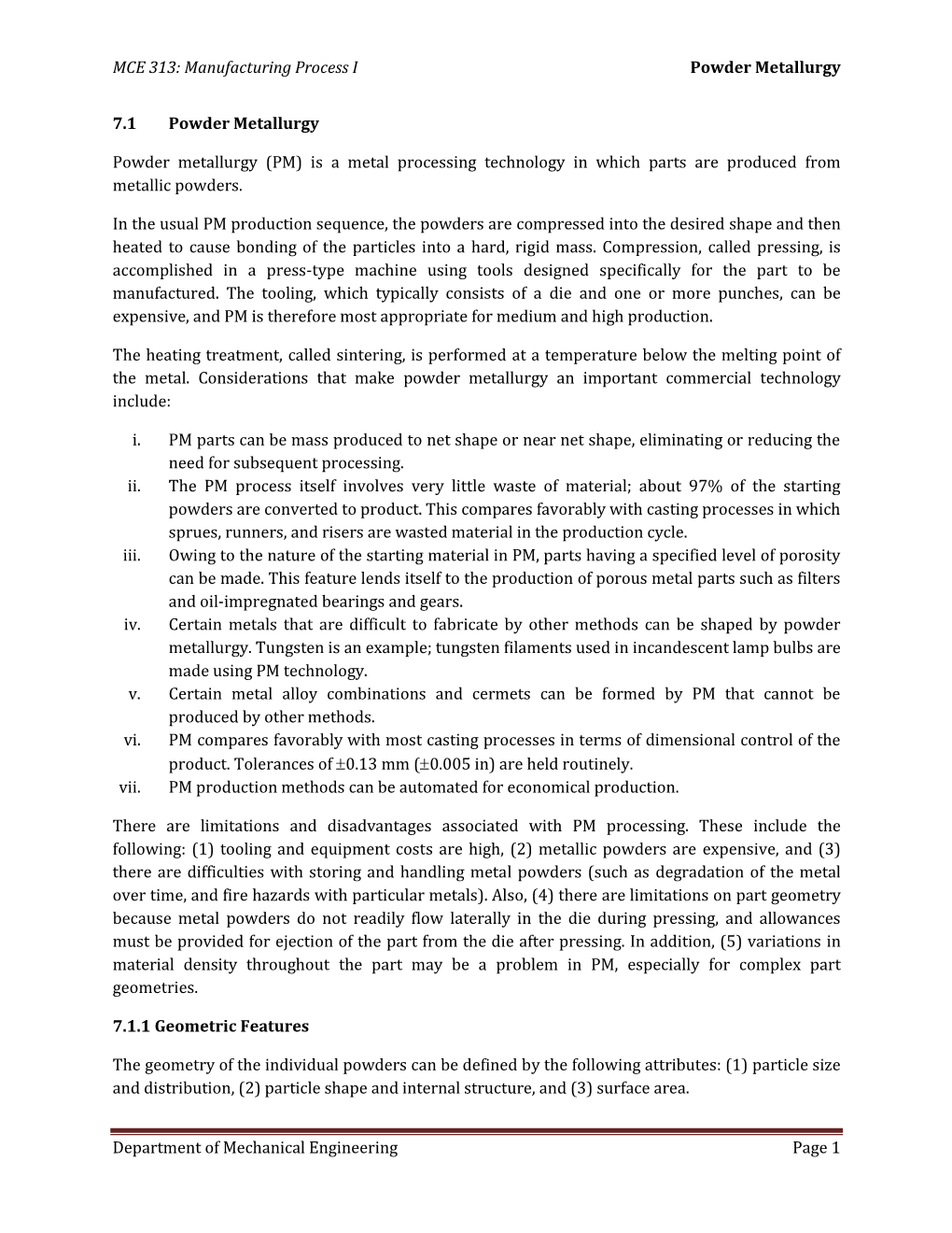 MCE 313: Manufacturing Process I Powder Metallurgy Department Of