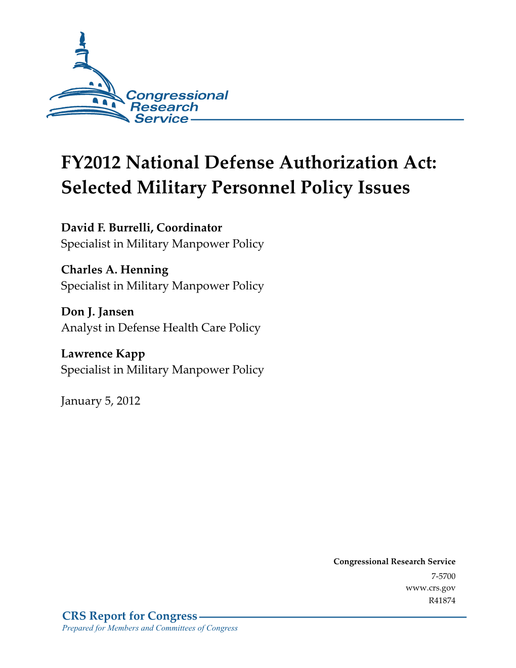 FY2012 National Defense Authorization Act: Selected Military Personnel Policy Issues