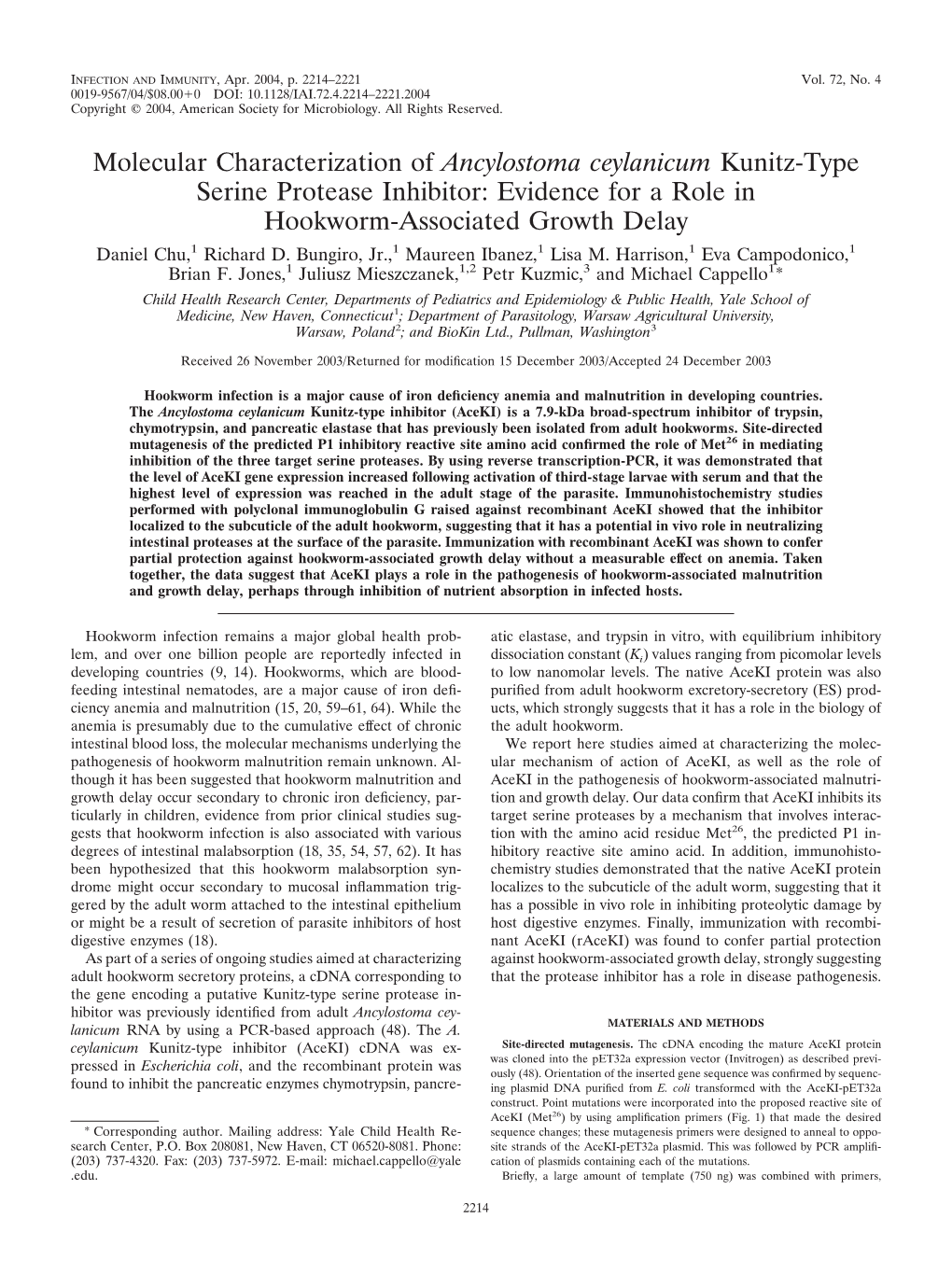 Molecular Characterization of Ancylostoma Ceylanicum Kunitz